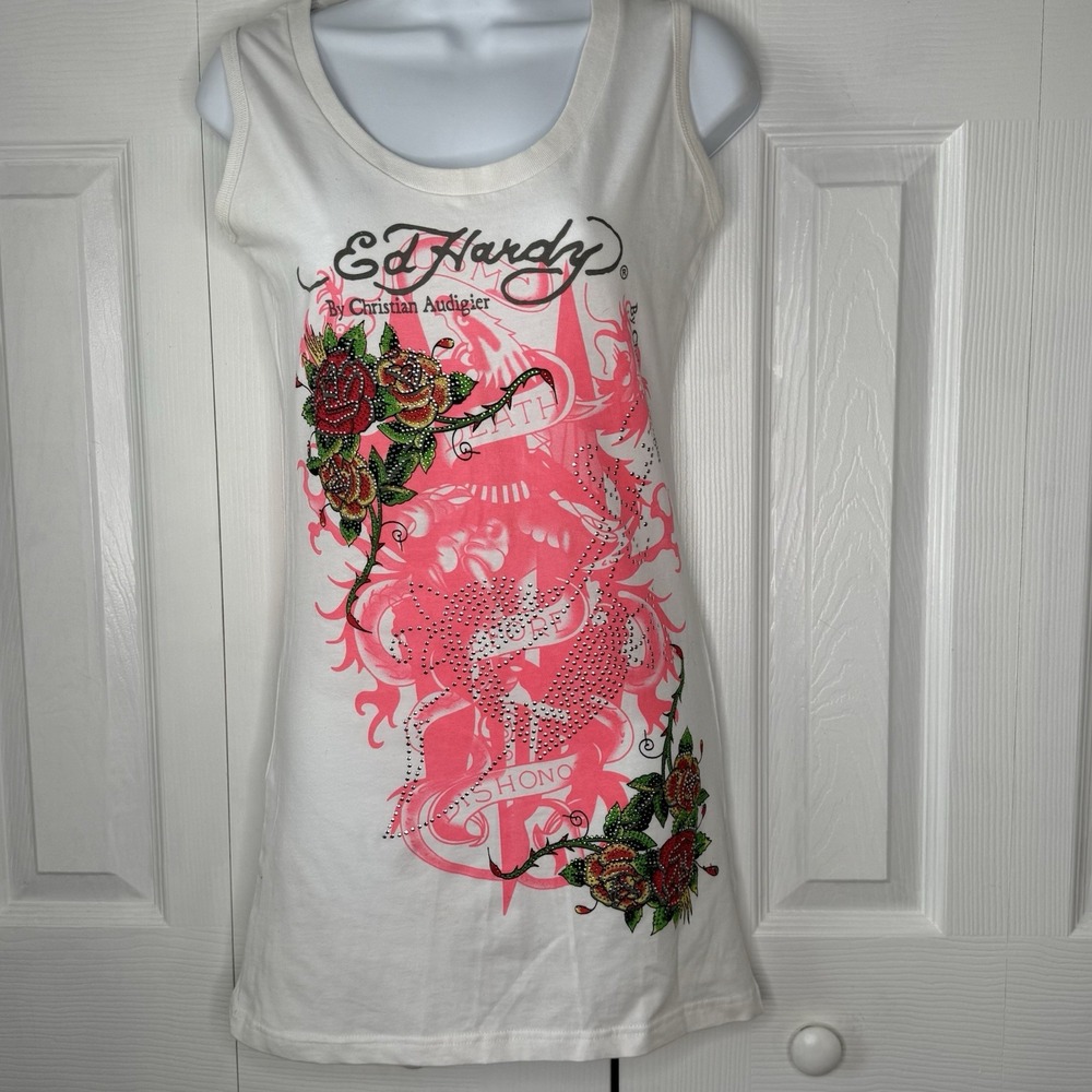 Ed Hardy White and Pink Tank Top
